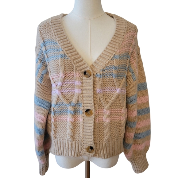 NWT Lush Tan & Pastel Crop Cardigan Sweater Size Large - Picture 2 of 5